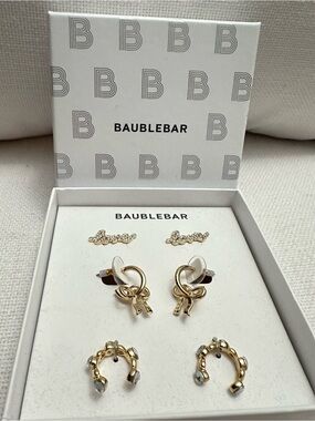 BaubleBar Gold Multi-3Pair Earring Set with Script Studs and Knot Drops